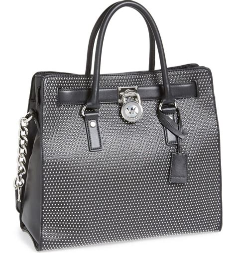 michael kors hamilton microstud leather large tote handbag in black|Michael Kors Hamilton large satchel.